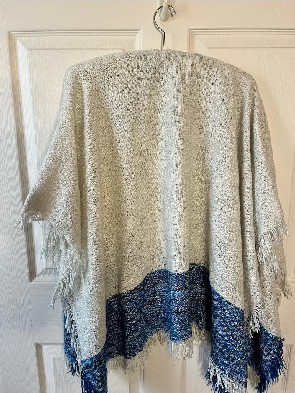 Cream and Blue Fringe Wrap Shawl